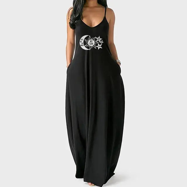 Sexy Deep V-neck Sleeveless Beach Casual Dress with High Waist Pockets