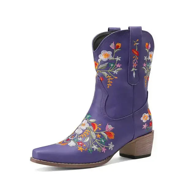 Vintage Flower Embroidered Women's Western Boots