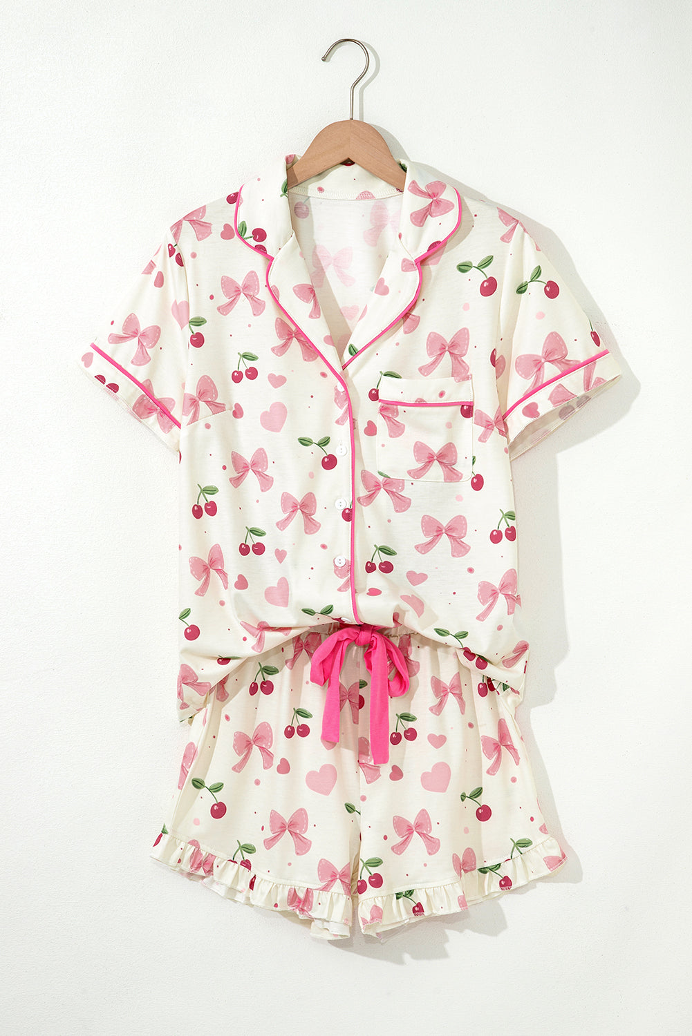 Pink Polka Dot and Bow Print Ruffle Hem Shorts Pajama Set