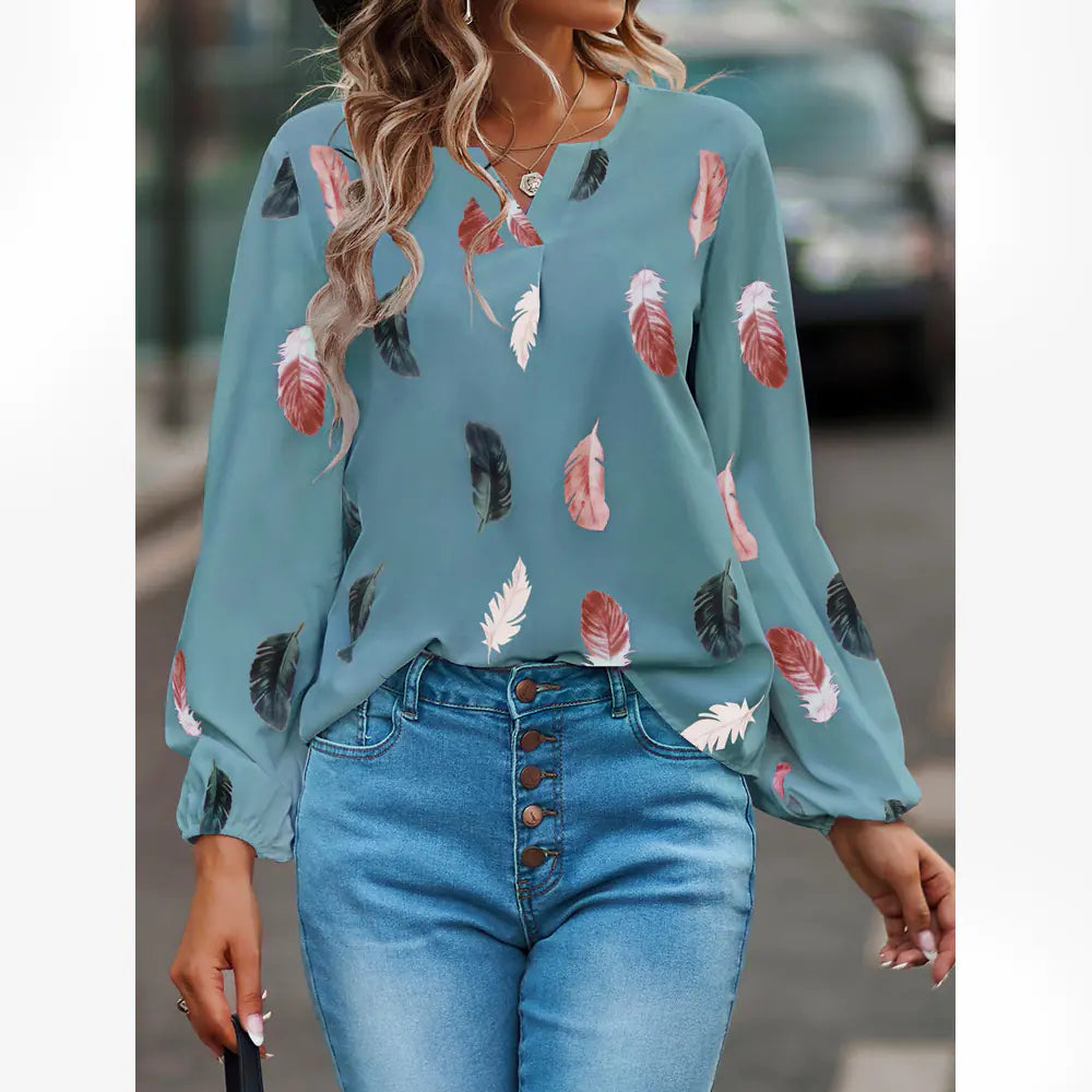 2024 Women's Spring V-Neck T-Shirt with Feather Print