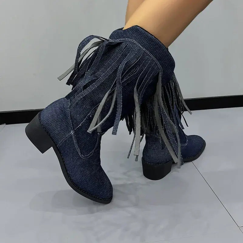Women's Denim Mid-Calf Boots with Tassels