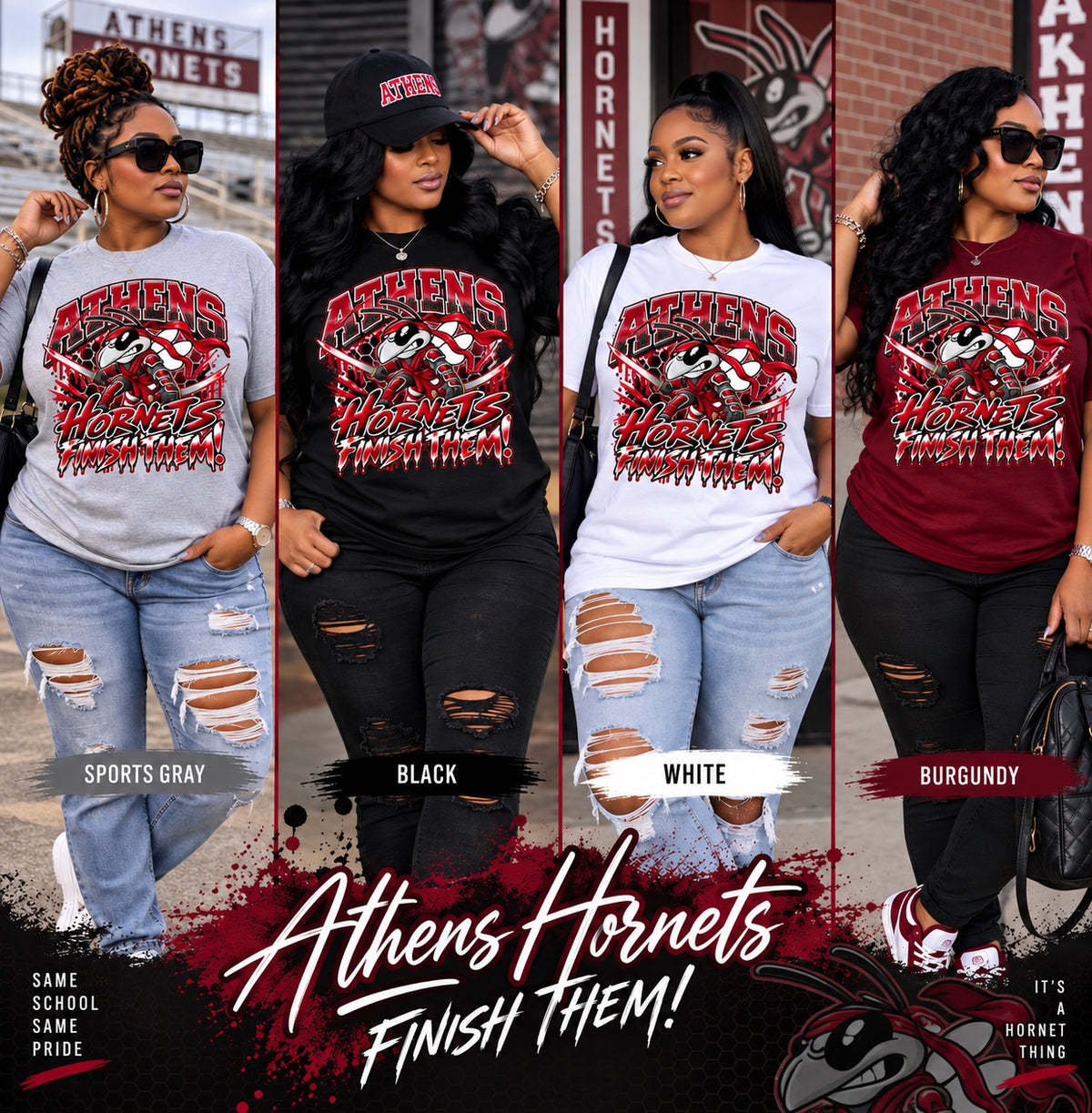 Athens Hornets Finish Them T-shirt in Sports Gray, Black, White, and Burgundy
