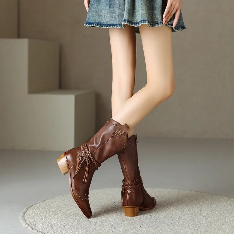 MoonMeek 2024 Retro Tassel Genuine Leather Western Ankle Boots
