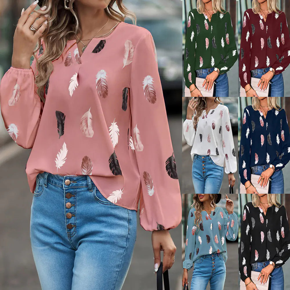 2024 Women's Spring V-Neck T-Shirt with Feather Print