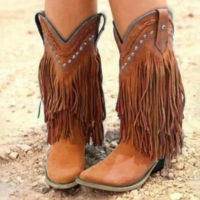 Vintage Tassel Mid-Calf Cowboy Boots for Women