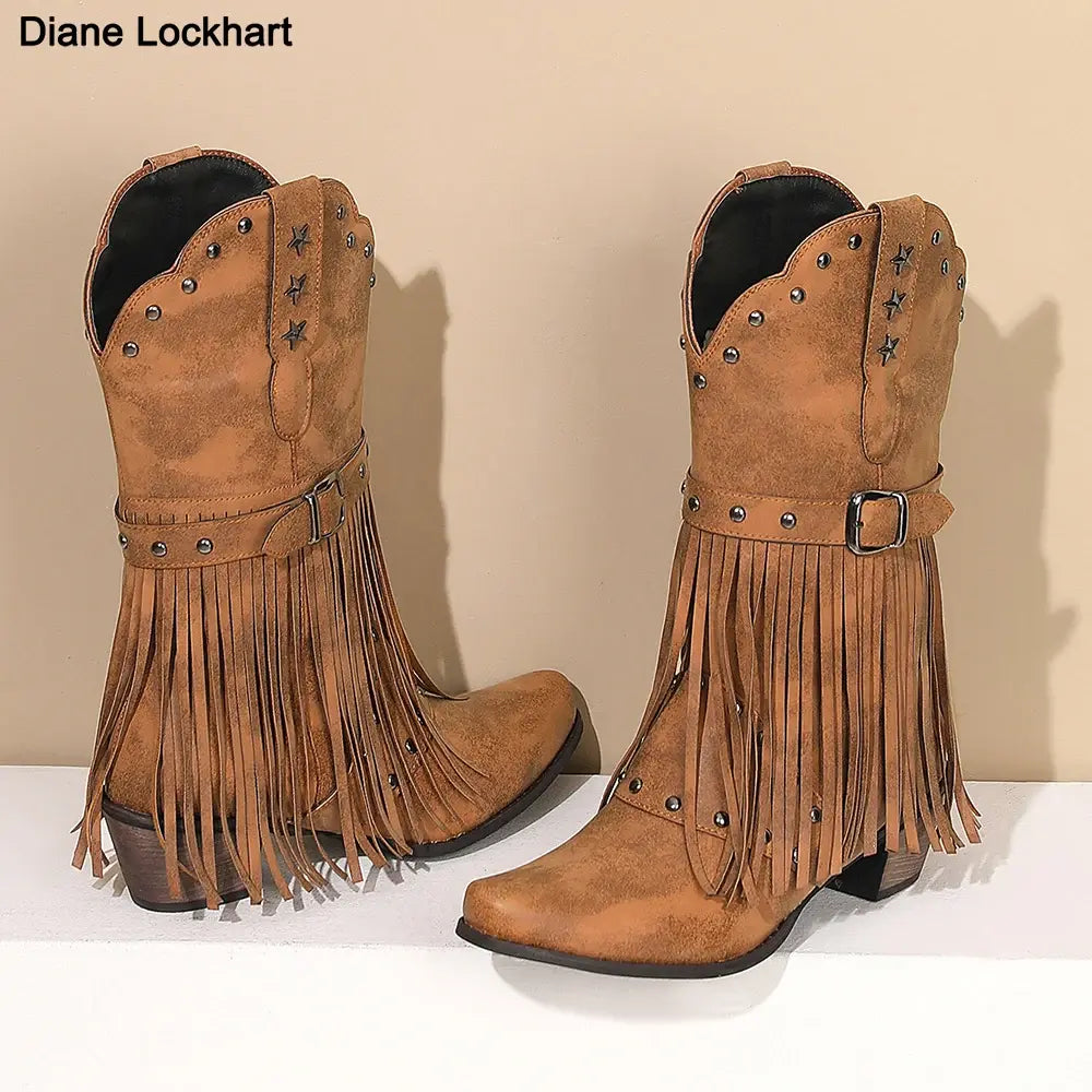 Women Vintage Ethnic Western Cowboy Boots Rivets 5cm Block Heel Boot Tassel Fringe Booties