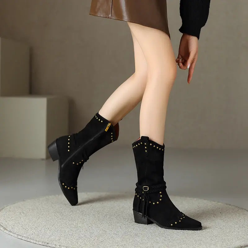 MoonMeek 2024 Retro Tassel Genuine Leather Western Ankle Boots