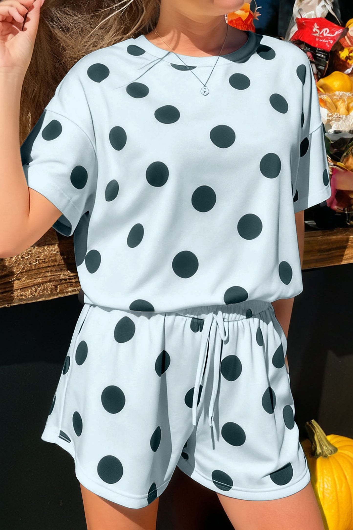 Pink Polka Dot Print Loose Tee Drawstring Elastic Waist Short Set