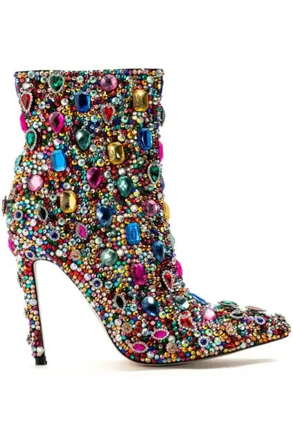 Women Pointed Toe Crystal Mid Calf Boots