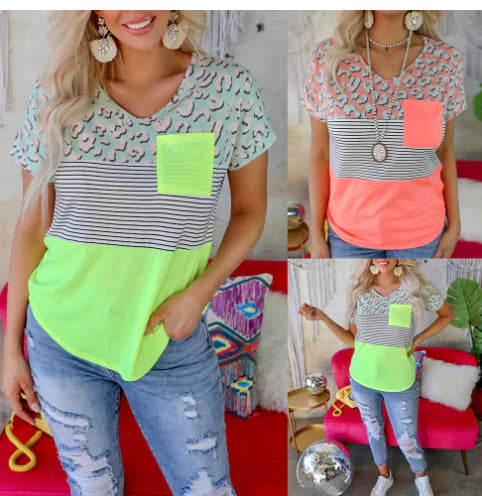Striped Print Short-Sleeved Casual T-Shirt with Pocket