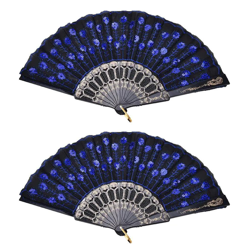 Winture Peacock Hand Fans Spanish Folding Hand Fan Flower Dancing FansSummer Handheld Folding Fans Party Favors for Girls Women (Royal Blue 2 PCS)