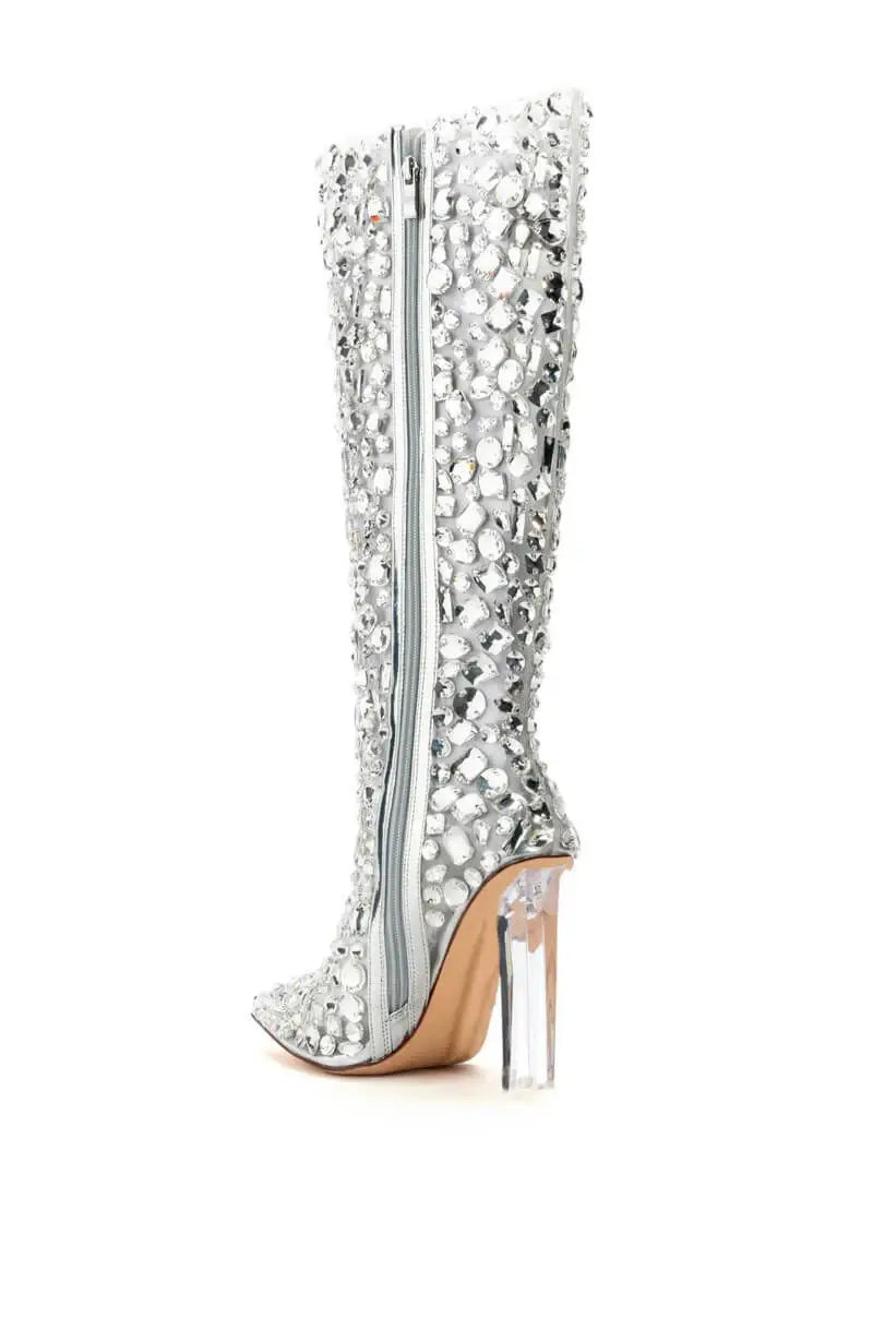 Knee High Boots Crystal Inlay High Heels Boots with Transparent Heel