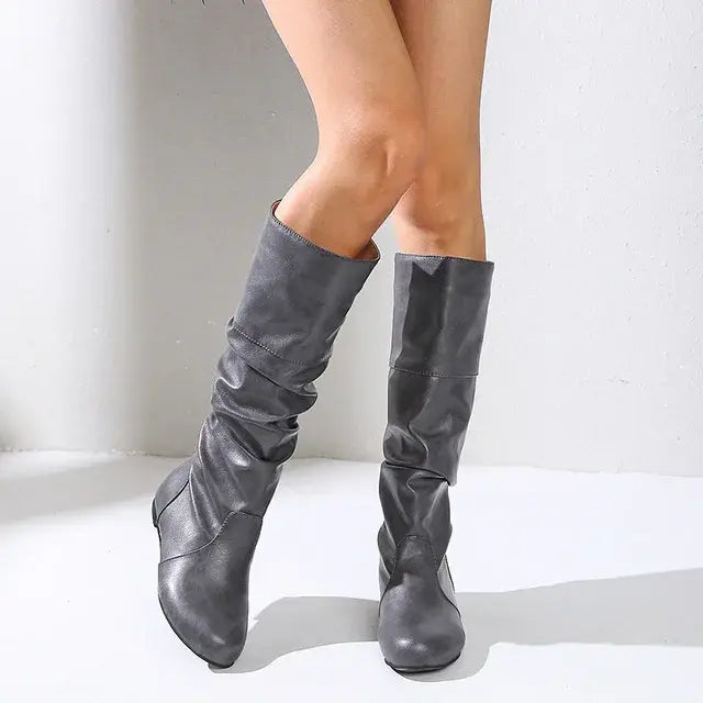 2024 Mid-Calf Boots Women Flat Shoes Spring Autumn Women High Boots Long Leather Western Cowboy Boots Women Footwear Size 35- 43