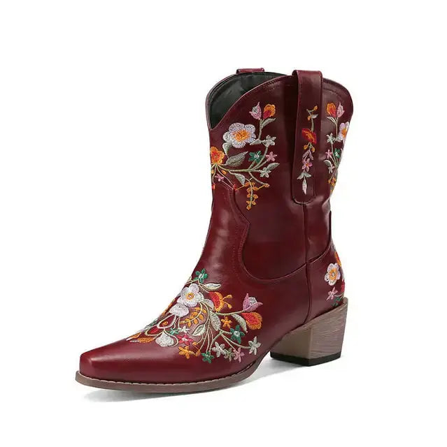 Vintage Flower Embroidered Women's Western Boots