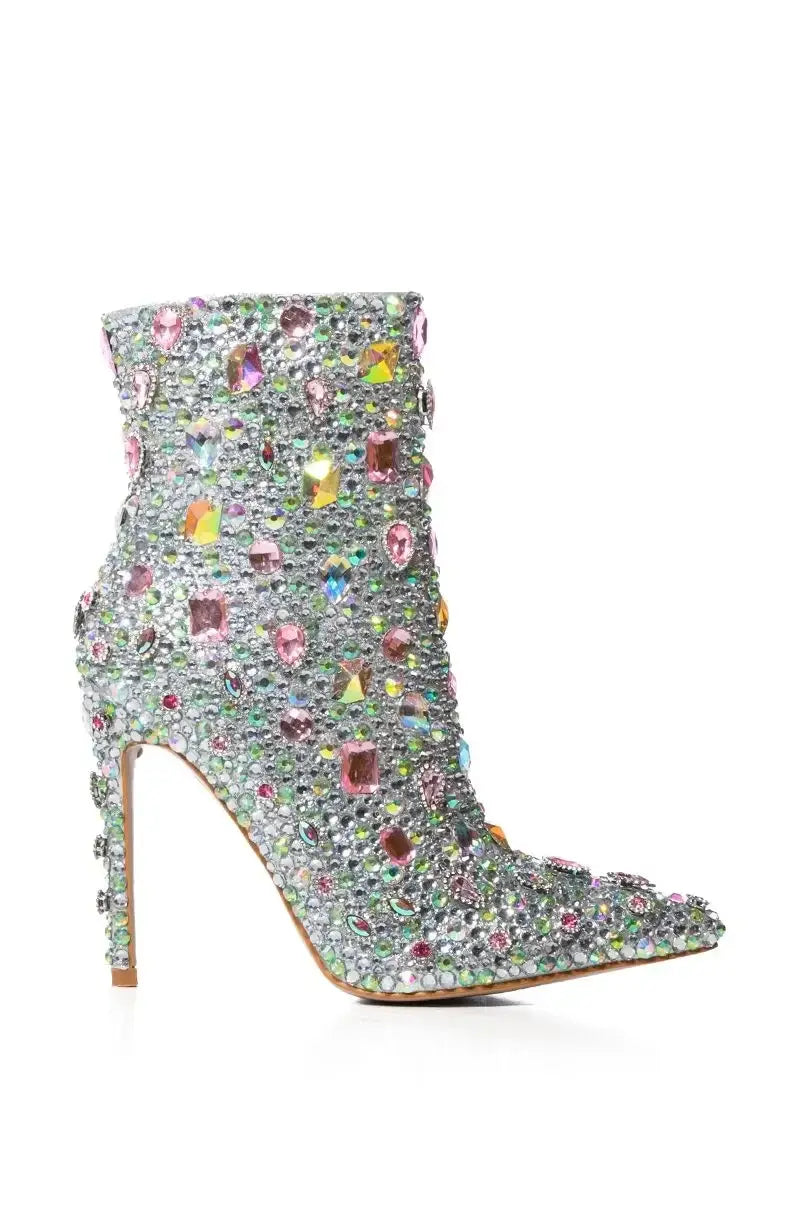 Women Pointed Toe Crystal Mid Calf Boots