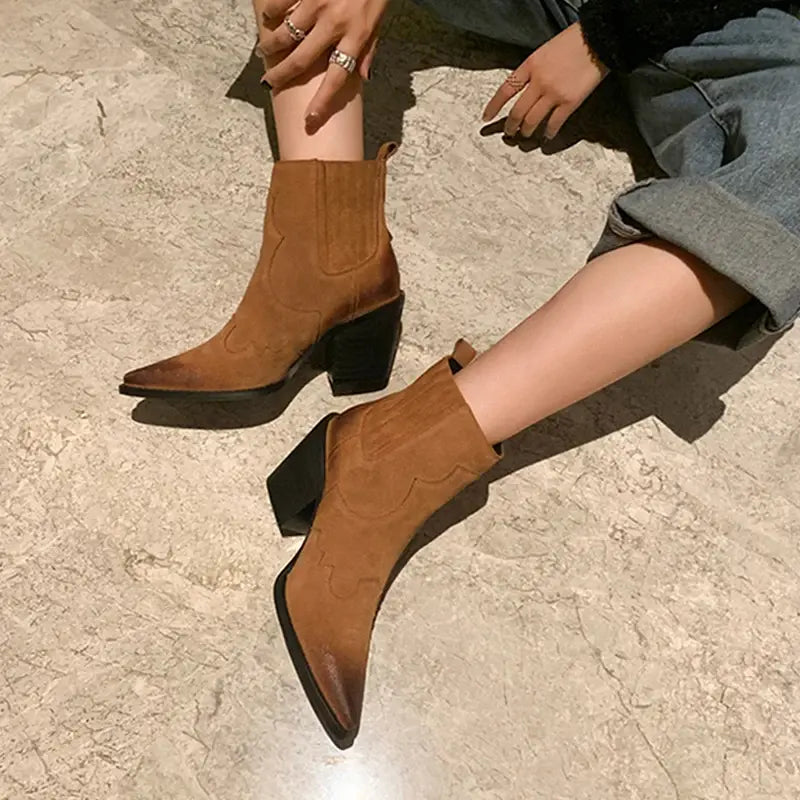 Genuine Leather Western Ankle Boots with Thick Square Heel