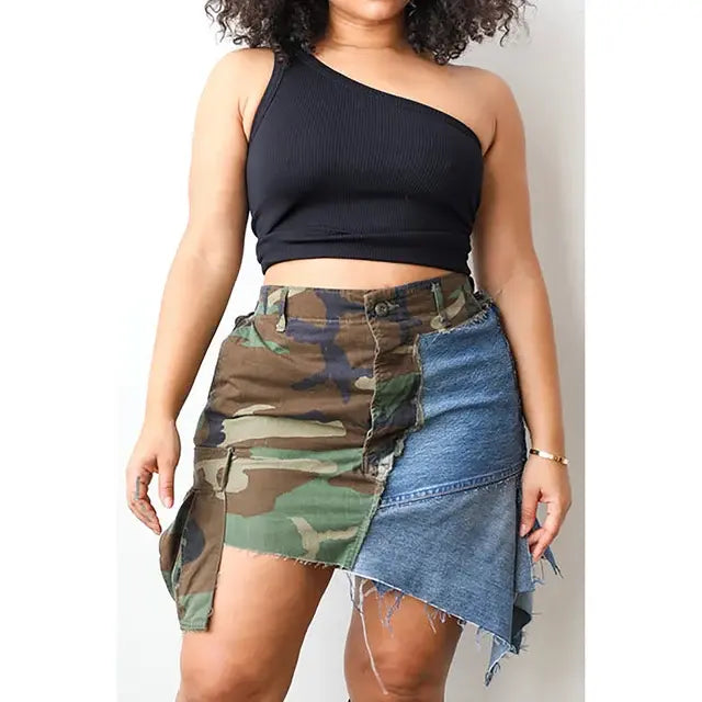 Army Green Camo with Denim Patchwork Skirt
