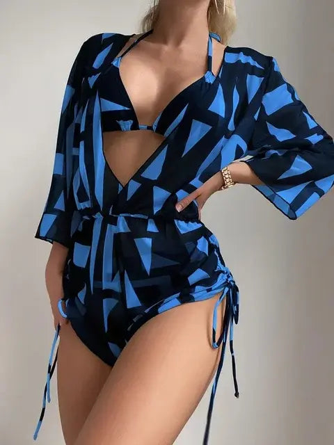 High Waist Print Drawstring Three Piece Bikini Set Swimsuit