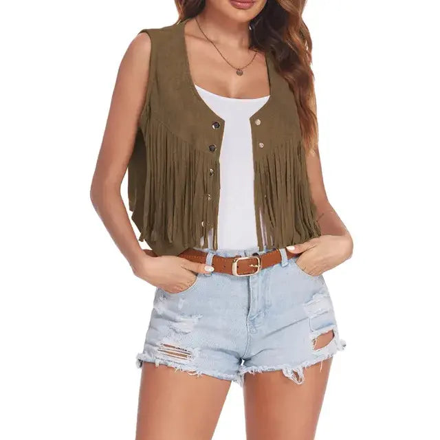 Cotton Fringe Vest Women Faux Suede Open-Front Vintage Vest Sleeveless