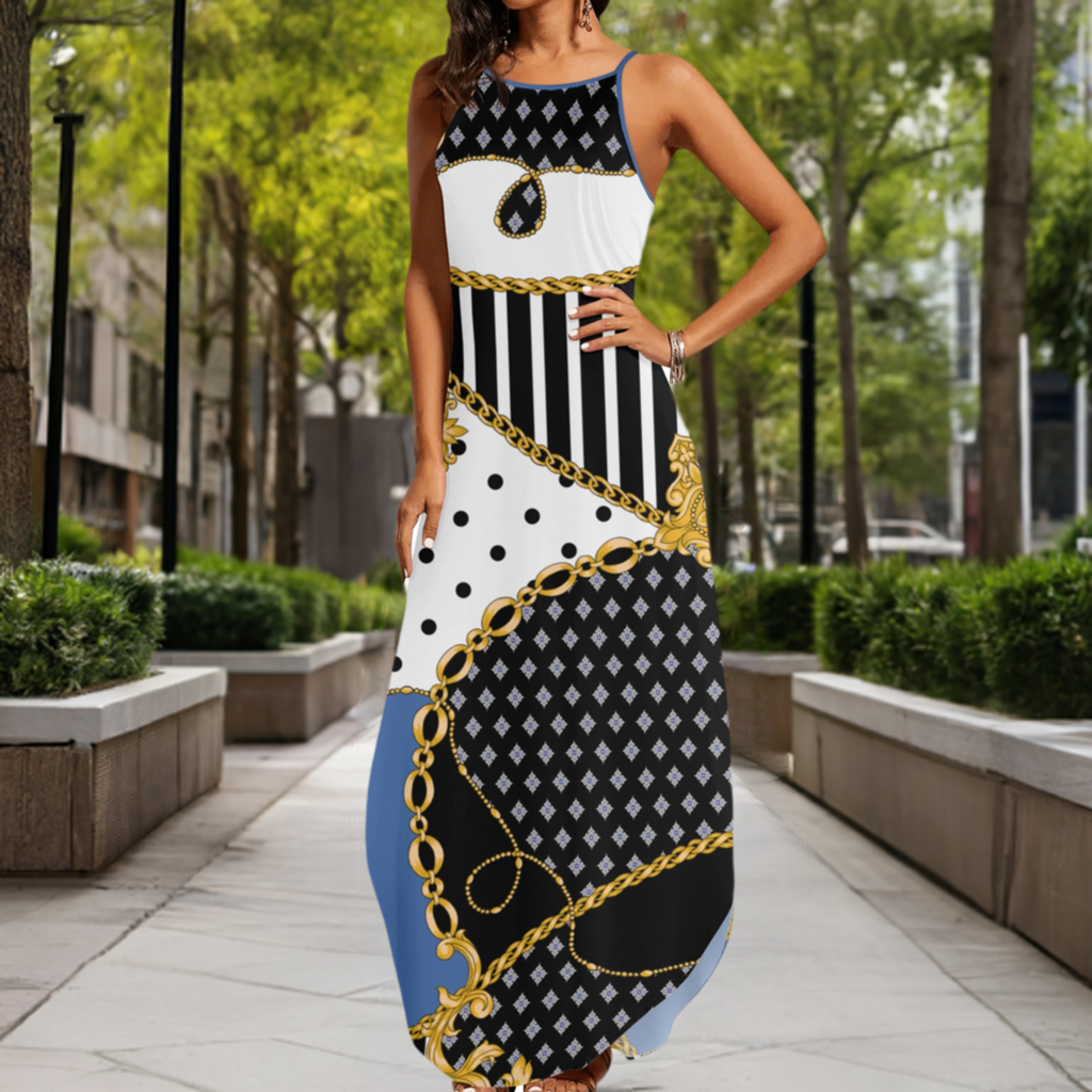 Womens Elegant Sleeveless Evening Dress in Blue, Black, and White
