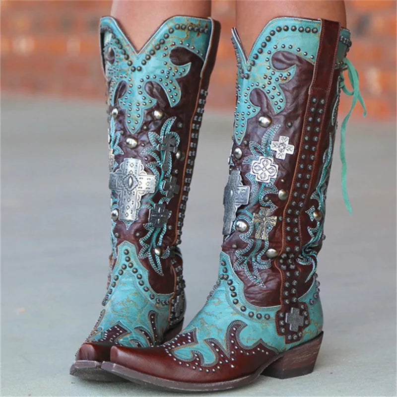 Embroidered Lace-Up Mid-Calf Boots with Thick Heels
