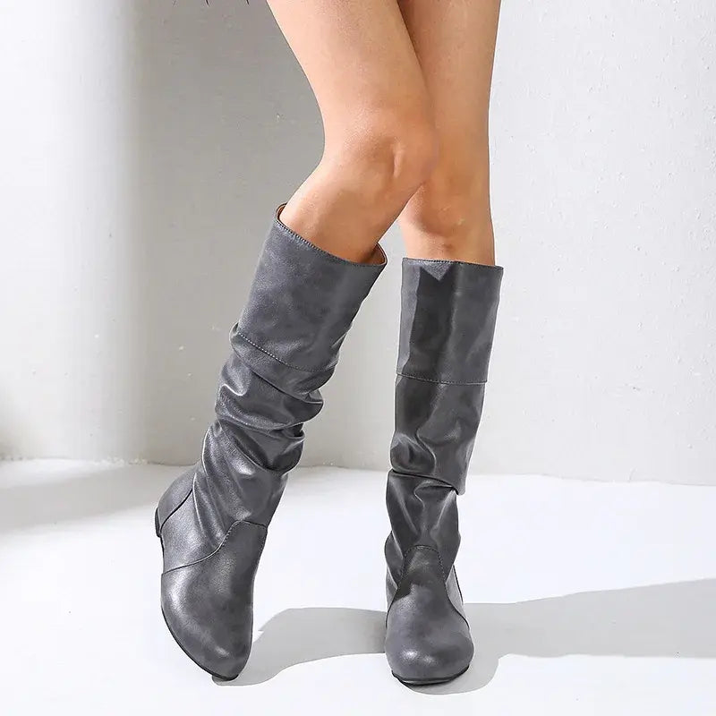 2024 Mid-Calf Boots Women Flat Shoes Spring Autumn Women High Boots Long Leather Western Cowboy Boots Women Footwear Size 35- 43