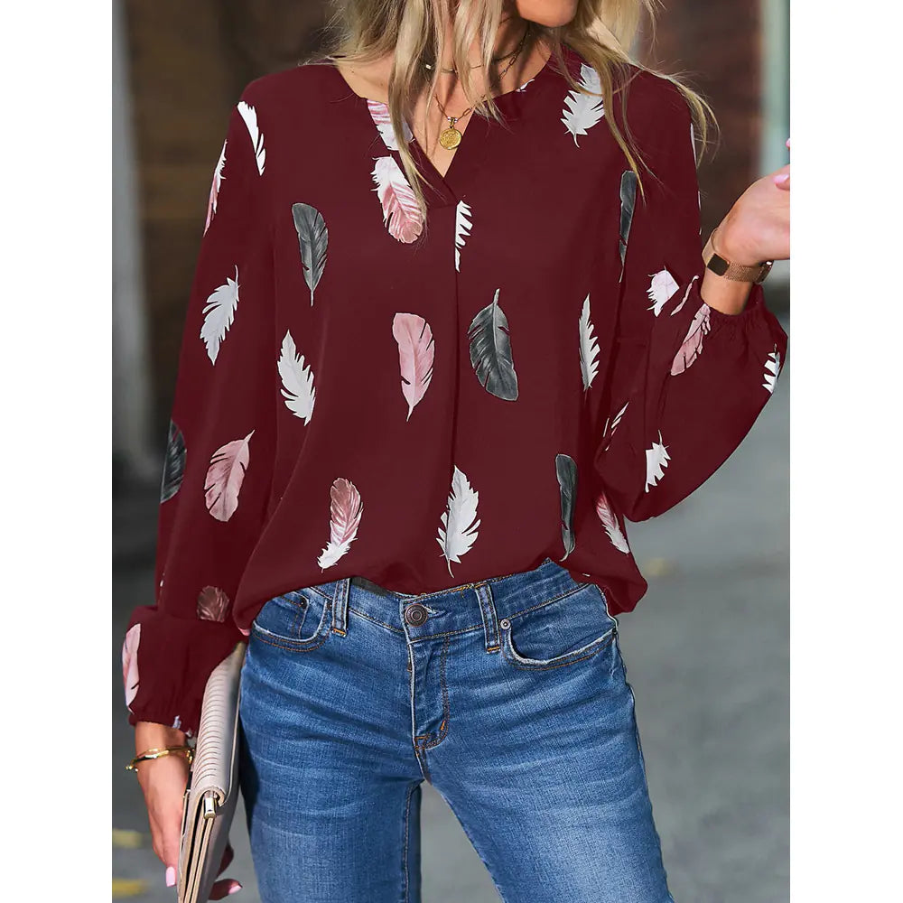 2024 Women's Spring V-Neck T-Shirt with Feather Print
