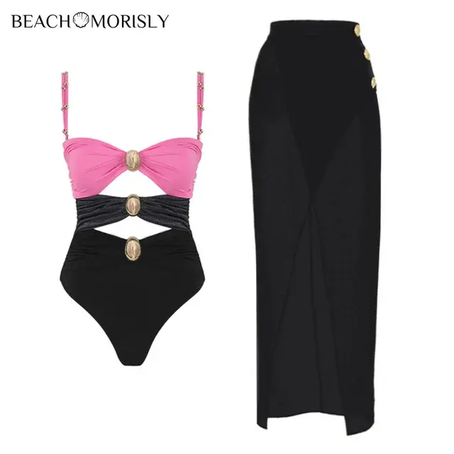 Color Block Women Swimsuit and Sarong Two-piece Set