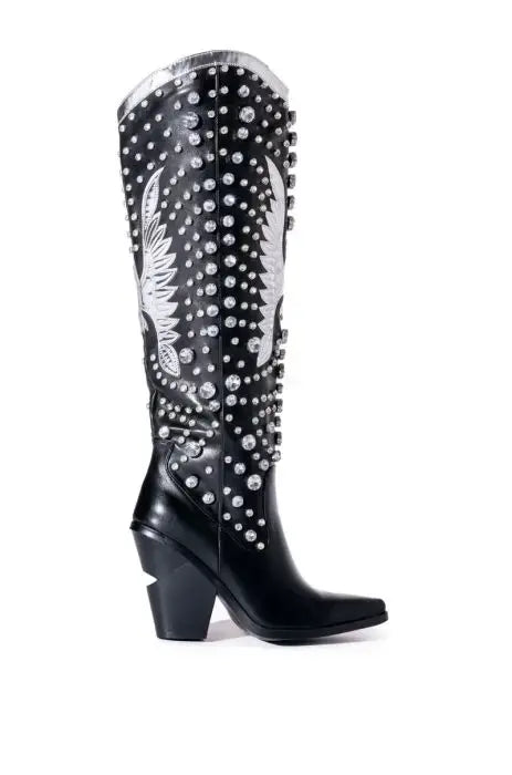 Pointed Toe Thick Heel Western Boots with Rhinestones