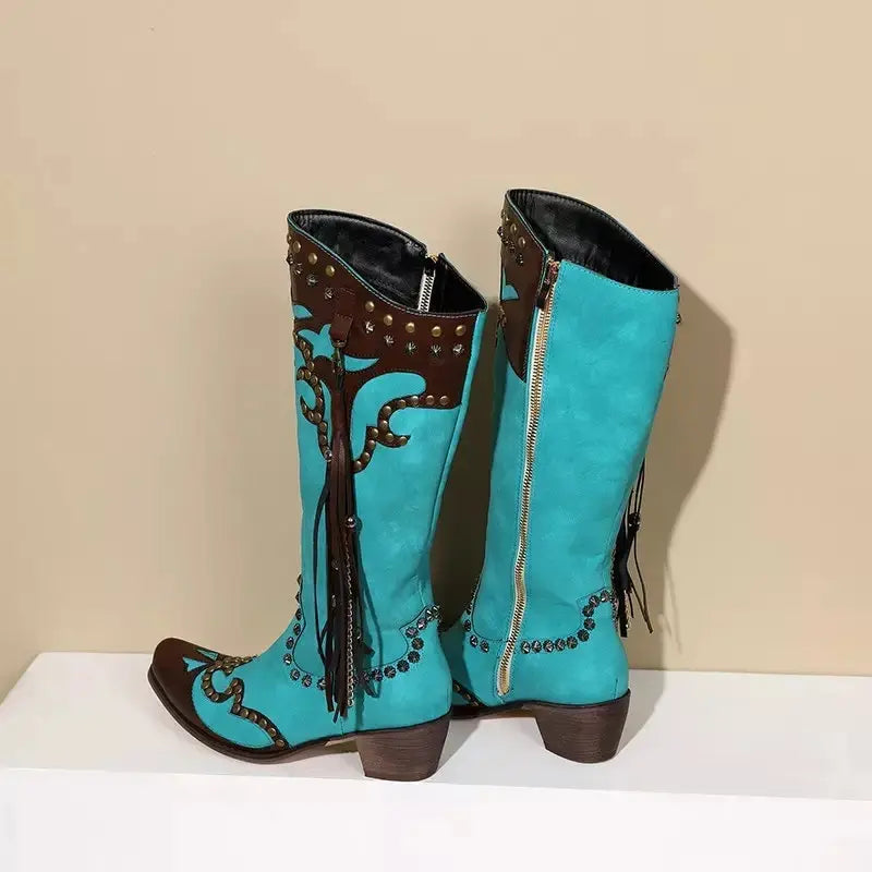 Handmade Chunky Heel Tassel Boots - Blue Cowboy Style
