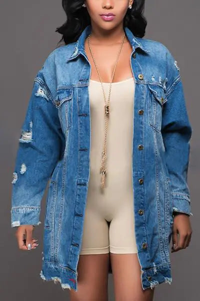 Women's Mid-Length Ripped Denim Jacket by WISH