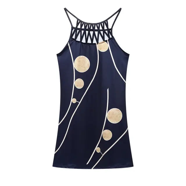 2024 Summer National Wind Positioning Printing Mesh Belt Sleeveless Casual Dress
