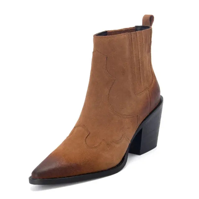 Genuine Leather Western Ankle Boots with Thick Square Heel