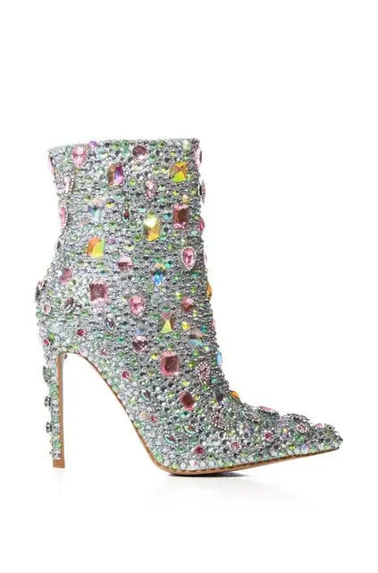 Women Pointed Toe Crystal Mid Calf Boots