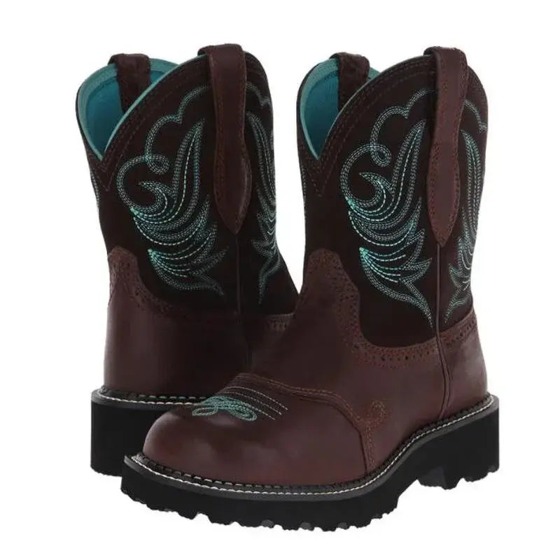 Retro Western Embroidered Mid-Calf Cowboy Boots for Women