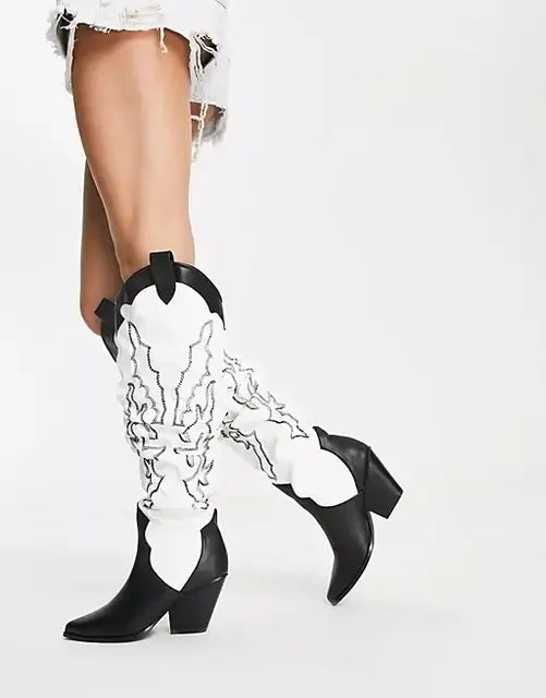 Western Cowgirl Over The Knee High Boots with Chunky Block Heels Shoes