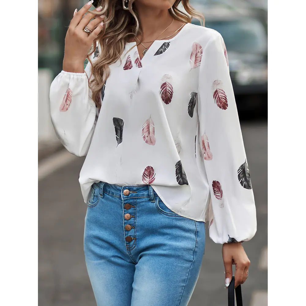 2024 Women's Spring V-Neck T-Shirt with Feather Print