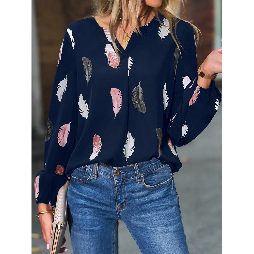 2024 Women's Spring V-Neck T-Shirt with Feather Print
