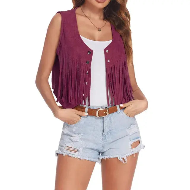 Cotton Fringe Vest Women Faux Suede Open-Front Vintage Vest Sleeveless
