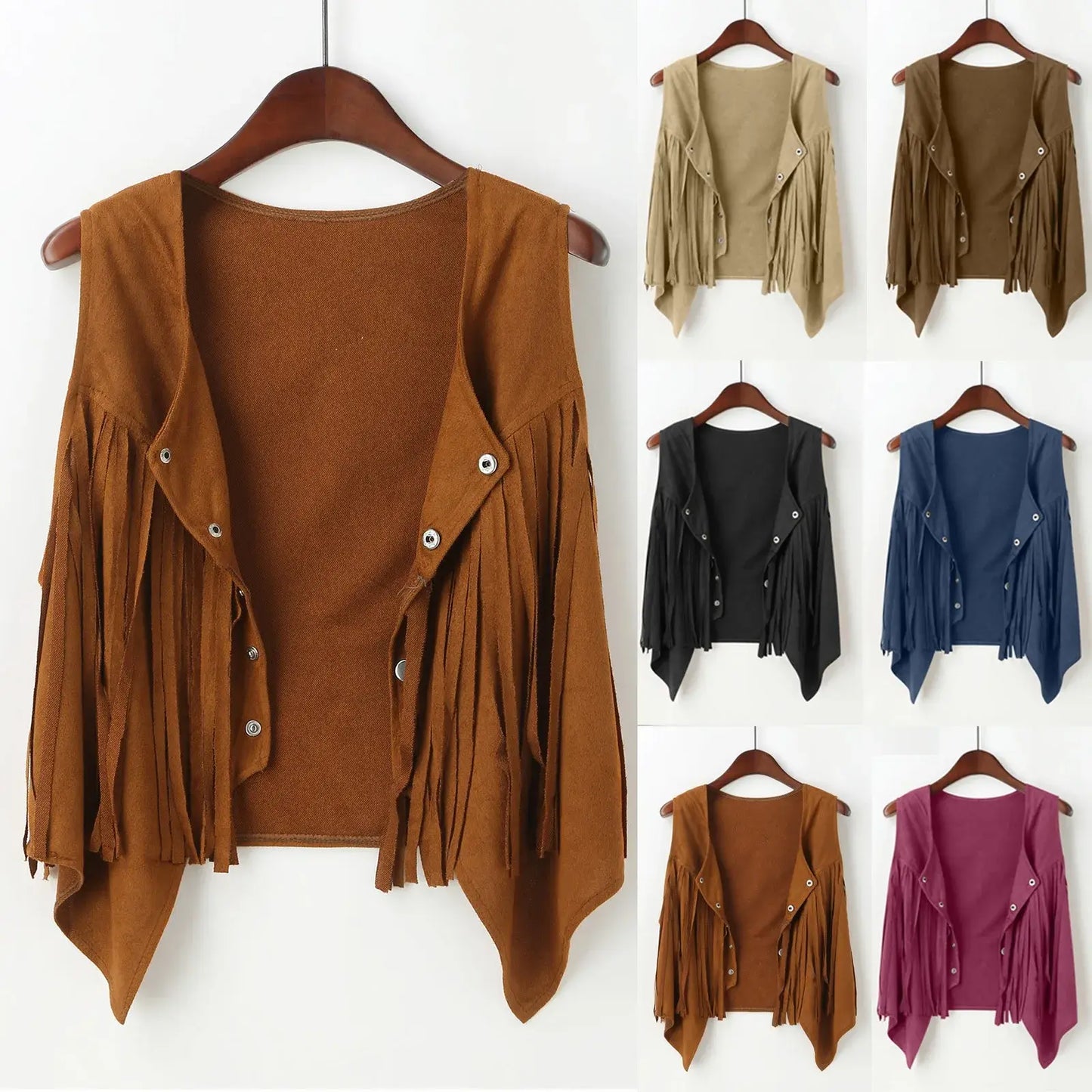 Cotton Fringe Vest Women Faux Suede Open-Front Vintage Vest Sleeveless