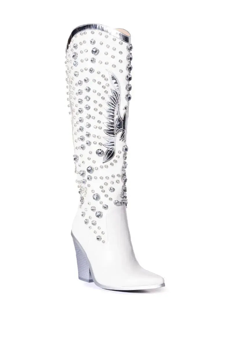 Pointed Toe Thick Heel Western Boots with Rhinestones