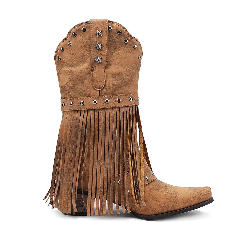Women Vintage Ethnic Western Cowboy Boots Rivets 5cm Block Heel Boot Tassel Fringe Booties