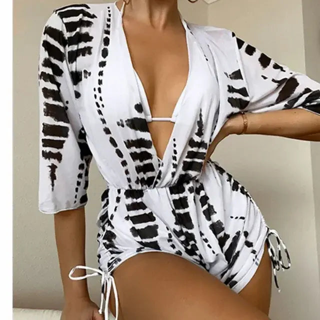 High Waist Print Drawstring Three Piece Bikini Set Swimsuit