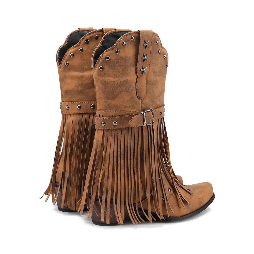 Women Vintage Ethnic Western Cowboy Boots Rivets 5cm Block Heel Boot Tassel Fringe Booties