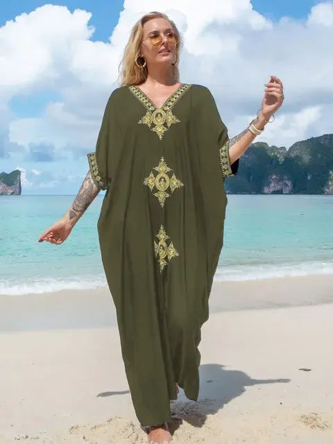 Plus Size Elegant Gold Embroidered Kaftan Retro V-neck Dress
