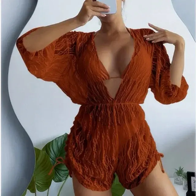 High Waist Print Drawstring Three Piece Bikini Set Swimsuit