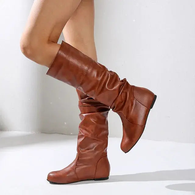 2024 Mid-Calf Boots Women Flat Shoes Spring Autumn Women High Boots Long Leather Western Cowboy Boots Women Footwear Size 35- 43