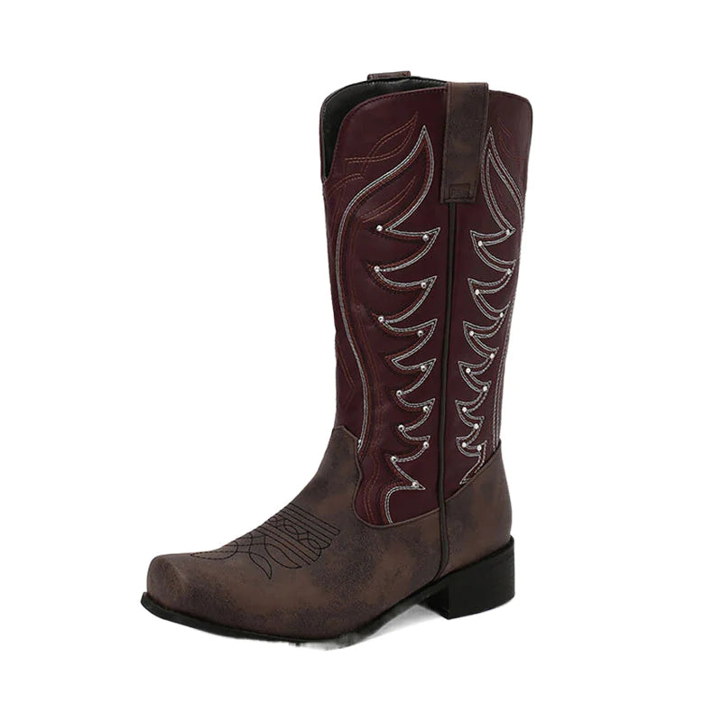 Embroidered Western Denim Mid-Heel Boots