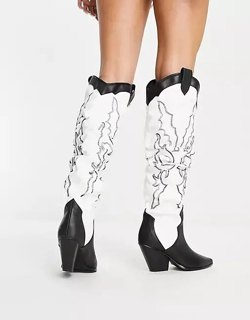Western Cowgirl Over The Knee High Boots with Chunky Block Heels Shoes