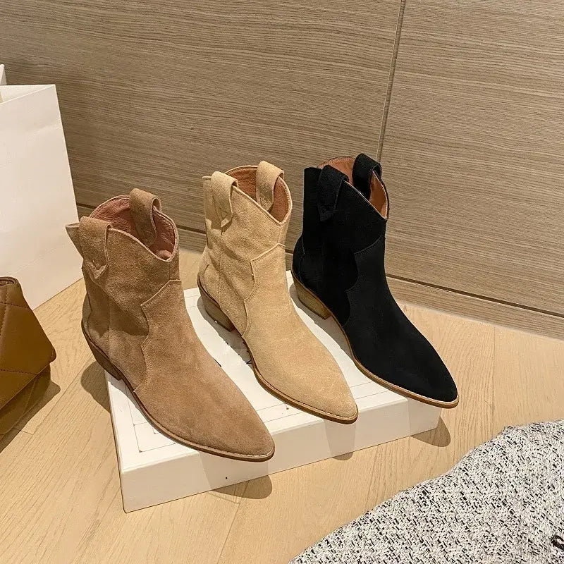 Chelsea Cow Suede Pointy Toe Wedge Heel Ankle Boots